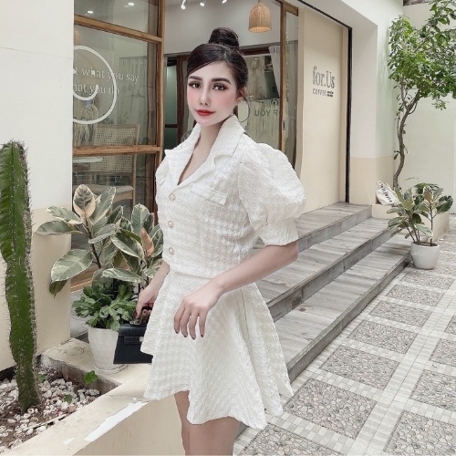 Set áo cổ vest chân váy xòe ❤️ Set tiểu thư cúc ngọc sang chảnh kèm hình thật | BigBuy360 - bigbuy360.vn