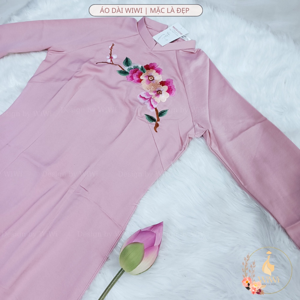 Áo dài Hồng Phấn Thêu Hoa vải lụa tây thi cao cấp, áo dài truyền thống nữ tay lỡ cổ cao may sẵn mặc dự tiệc lễ tết đẹp