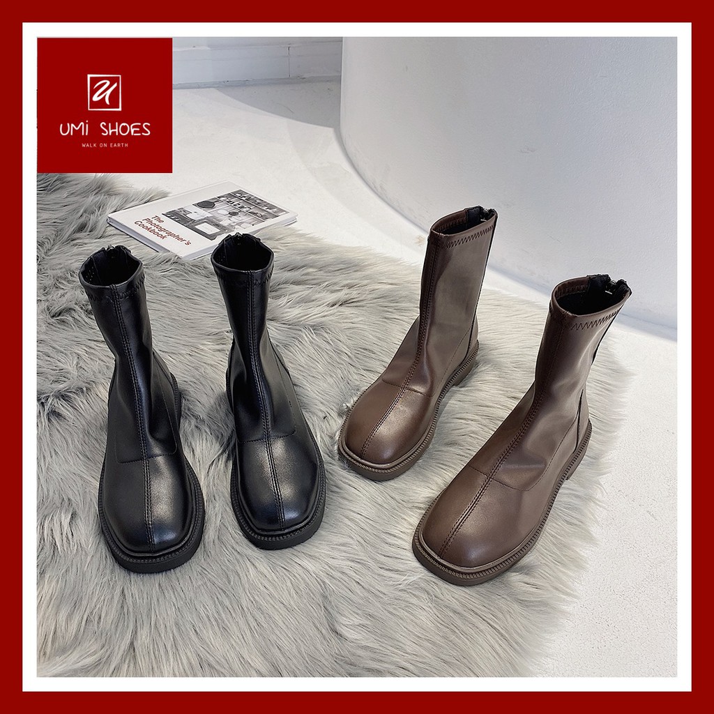 Boot ulzzang ZIP cổ cao da mềm mũi tròn khóa đế trấu đơn giản màu đen/nâu đi chơi đi học đẹp xinh bền hot mới cá tính