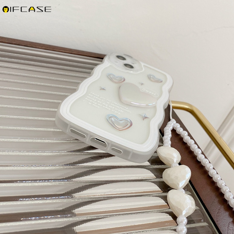 Ốp Điện Thoại Dẻo Màu Laser Họa Tiết Trái Tim Kèm Dây Đeo Ngọc Trai Cho iPhone 13 12 11 Pro Max XS Max XR X 7 8 6 6s