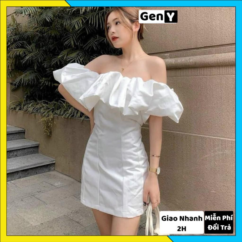 Đầm body trễ vai trắng bèo nhún GenY đầm trễ vai nữ tay phồng dáng ôm dự tiệc sexy chất đũi lụa mềm mát | BigBuy360 - bigbuy360.vn