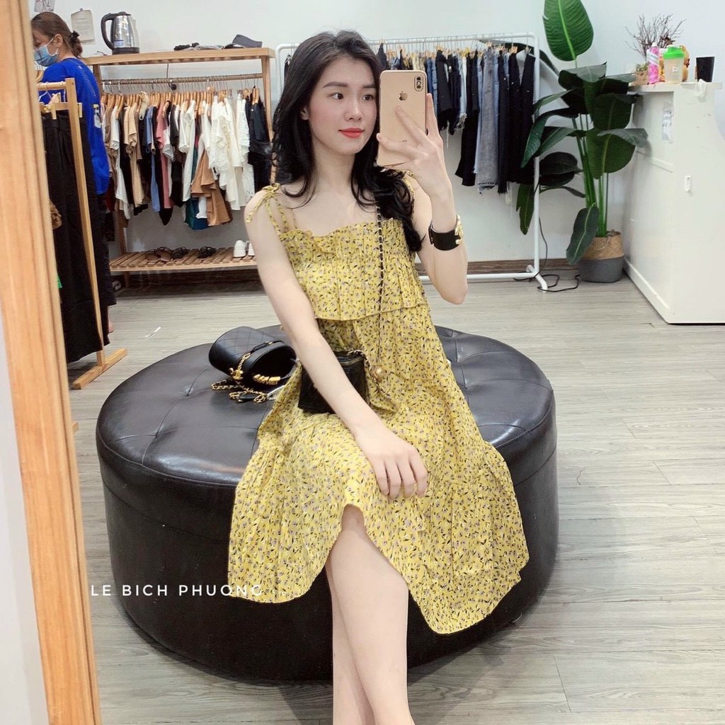Váy hai dây hoa nhí bèo ngực chất vải voan nữ tính Xonxen shop free size mã 111