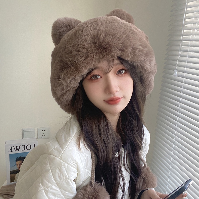 Mũ Len Dày Dặn Giữ Ấm Tai Đính Quả Bông Dễ Thương Thời Trang Thu Đông Nhật Bản
