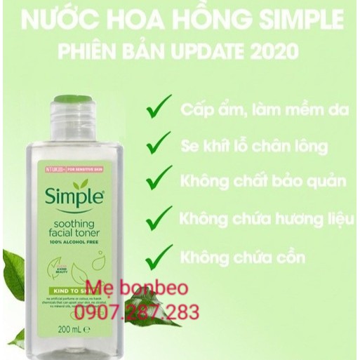 Nước Hoa Hồng Simple Soothing Facial Toner Simple cân bằng ẩm cho da 200ml