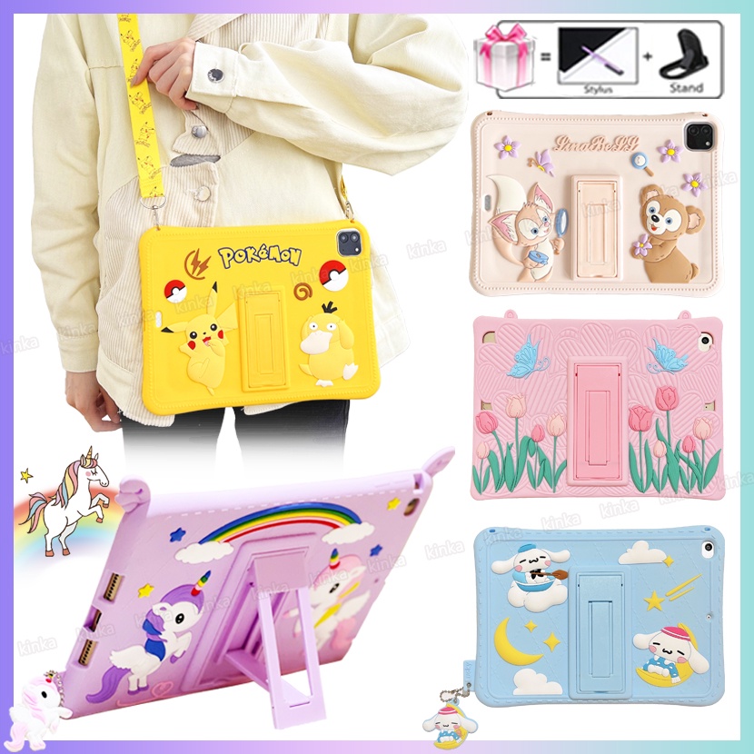 Kids Safe Cute Cartoon 3D Silicone Unicorn LinaBell Psyduck Pikachu Tulip Flower Cinnamon Dog Pattern With Lanyard Silicone Tablet Cover Case for iPad mini Air Pro 1 2 3 4 5 6 7 8 9 7th 8th 9th gen 9.7 10.2 10.5 10.9 11 inch 2017 2018 2019 2020 2021 2022