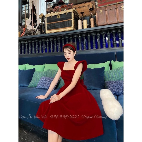 ĐẦM NỮ DÁNG XÒE 2 DÂY SANG TRỌNG DỰ TIỆC 🔥FREESHIP🔥 ĐẦM NHUNG ĐỎ TIỂU THƯ HỞ LƯNG KÈM NƠ EO