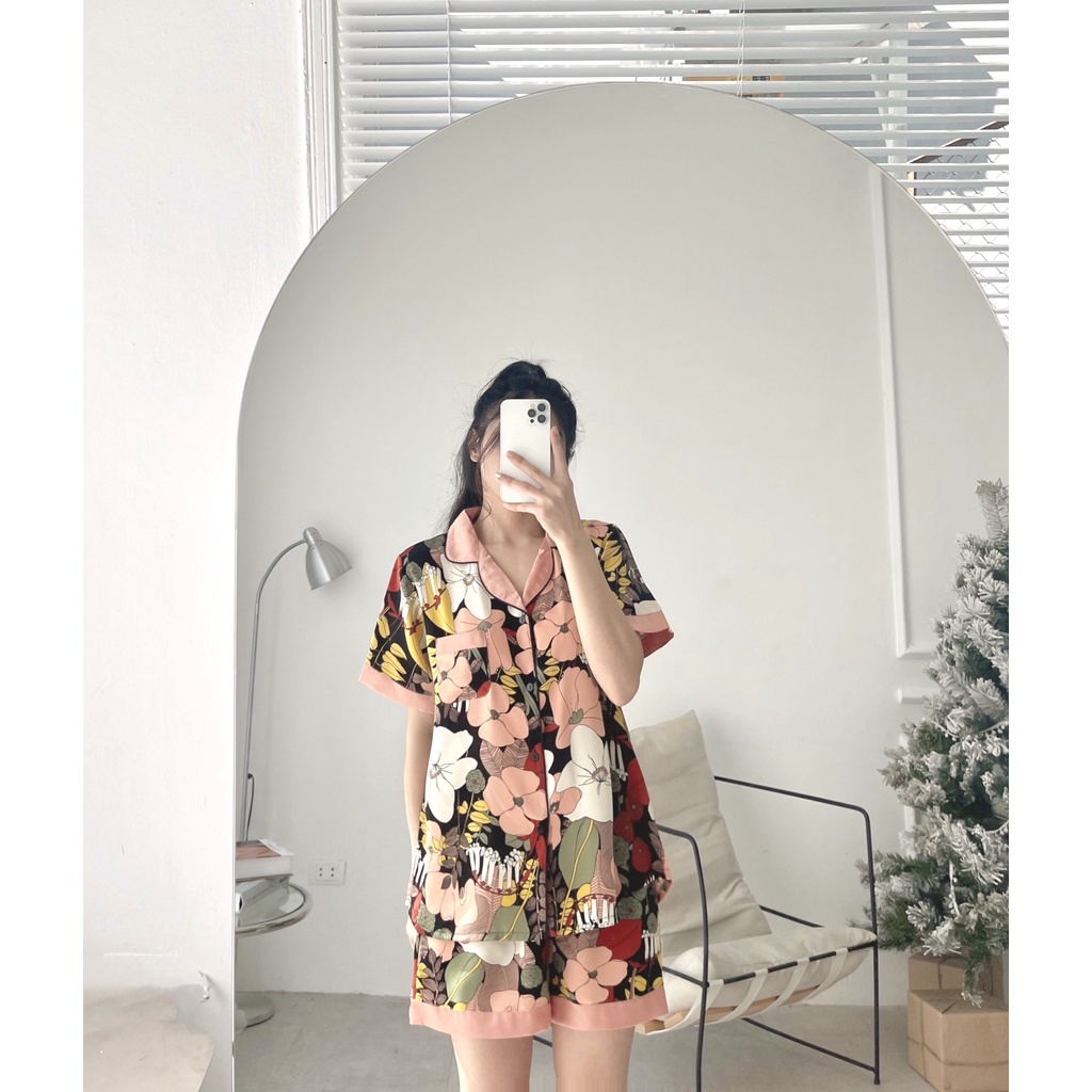 Bộ ngủ pyjama lụa mango phối màu siêu xinh Pijama lụa mango