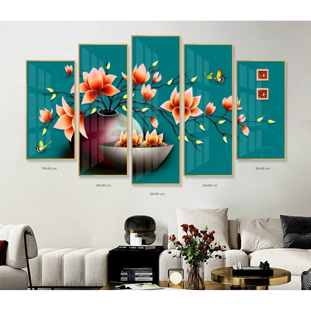Tranh treo tường 3D 5 tấm đối xứng - "Hoa cửa Phật" ,khổ chuẩn,tranh hiện đại phủ bóng gương