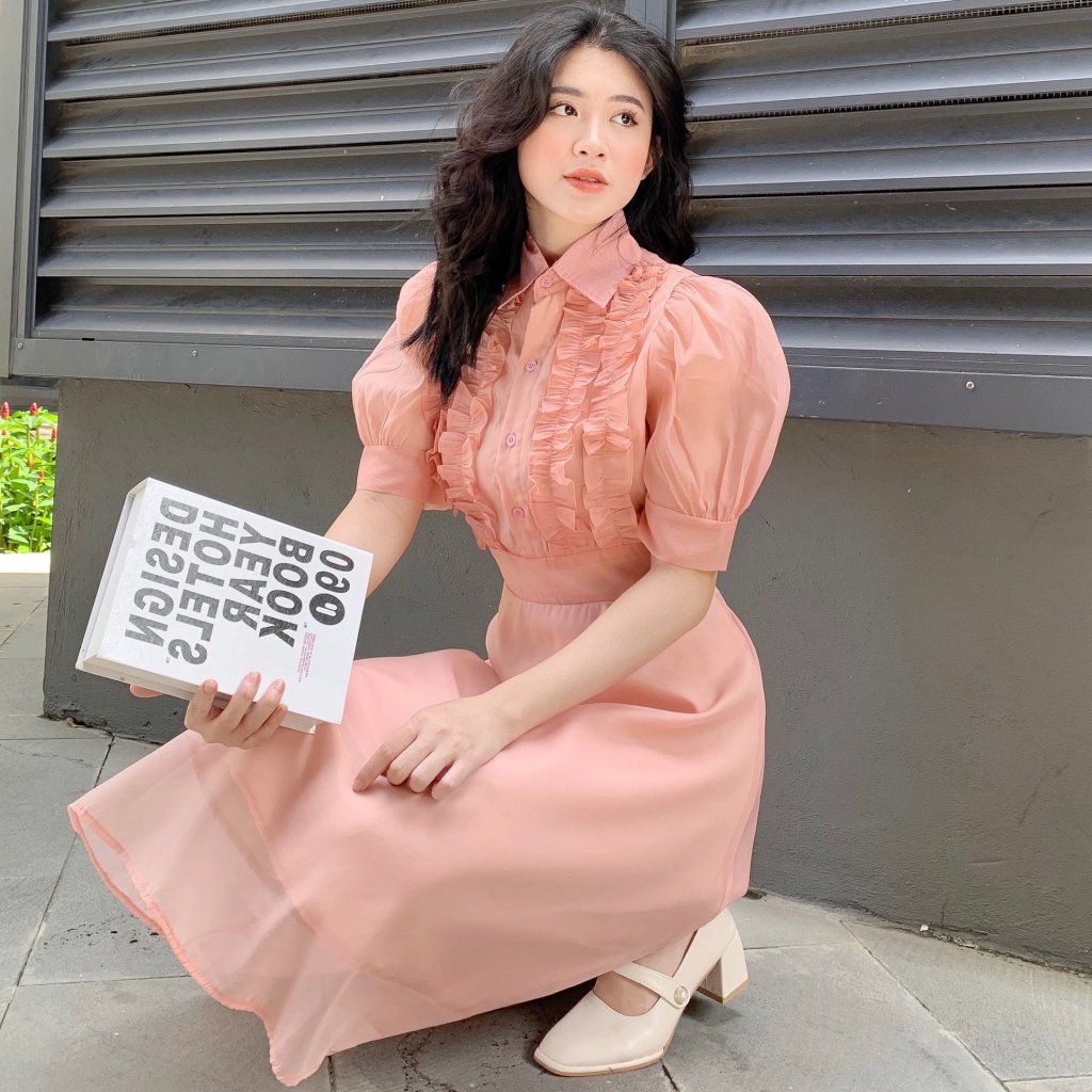 🌸 ĐẦM SƠ MI TIỂU THƯ BÈO NGỰC - CHẤT LIỆU CAO CẤP - MÀU HỒNG BÁNH BÈO/ NÂU TÂY
