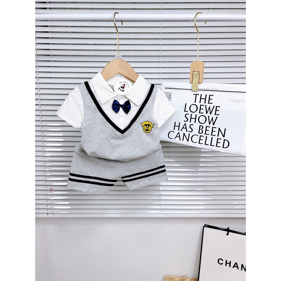 Bộ công tử bé trai, Set thun cotton gồm áo ngắn tay kiểu gilê cổ bẻ và quần short 2 vạch ngang cho bé 7-18 kg, DUCK381