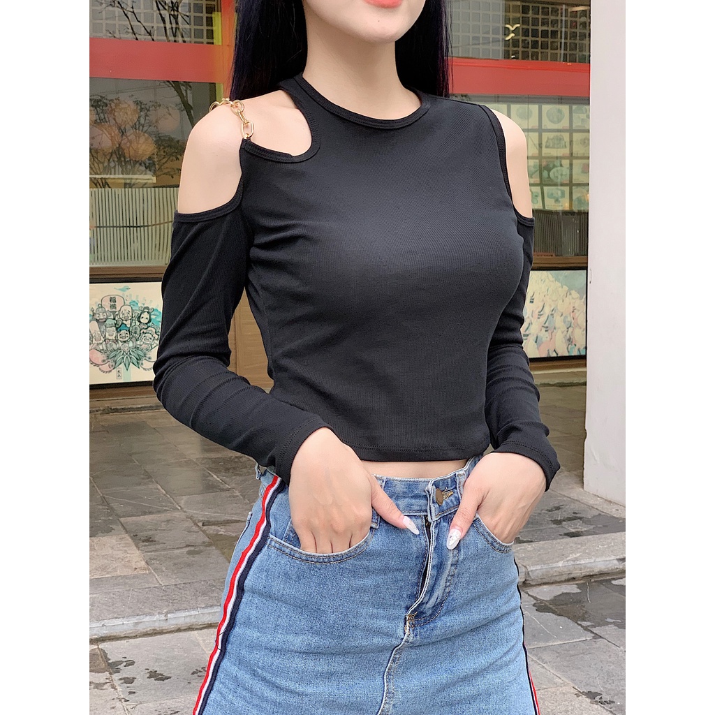 Áo croptop nữ tay dài hở vai Mugung Áo croptop hở vai kèm dây xích A13