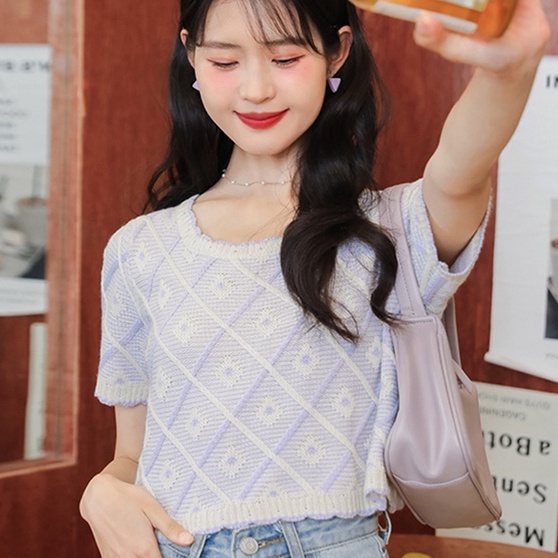 【ZHELIHANGFEI】Áo Thun Dệt Kim Ngắn Tay Form Rộng Thời Trang