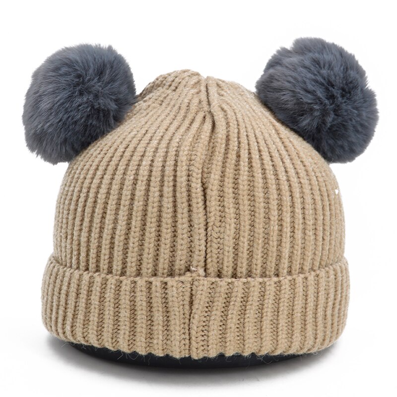 Mũ Beanie Đan Len Dày Dặn Màu Trơn Đính Hai Quả Bông Dễ Thương Thời Trang Thu Đông Cho Bé 3-24 Tháng Tuổi