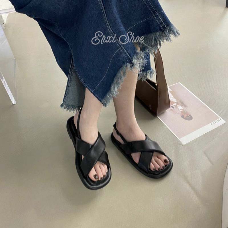 Oeggeo Xăng đan Đế Bằng Quai Chéo Có Nút Thời Trang Cho Nữ