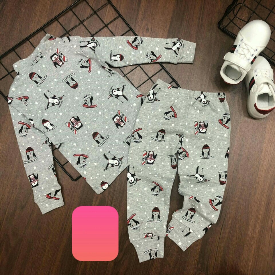 Bộ thun cotton tay dài cổ lọ 3p in chim cánh cụt ấm áp cho bé trai và gái