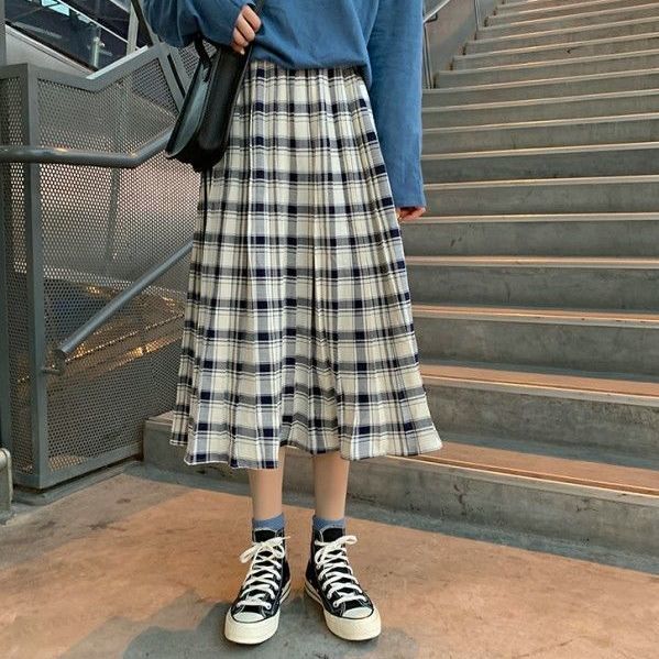 Korean Style Women's Retro Plaid Elastic Casual Plaid Skirt