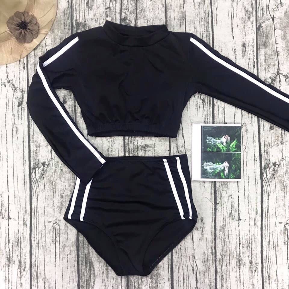 Bikini, Đồ Bơi Đi Biển Hai Mảnh Tay Dài Thể Thao Hai Sọc Trắng Quần Cạp Cao ODERI HM-011