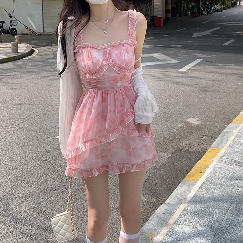 Đầm Hai Dây Eo Cao Họa Tiết Hoa Thời Trang Mùa Hè Cho Nữ