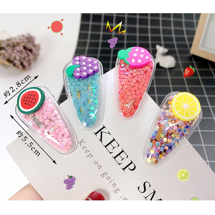 Kẹp Tóc Họa Tiết Trái Cây Hoạt Hình Phối Cát Lún Lấp Lánh Kiểu Hàn Quốc Xinh Xắn Cho Bé Gái