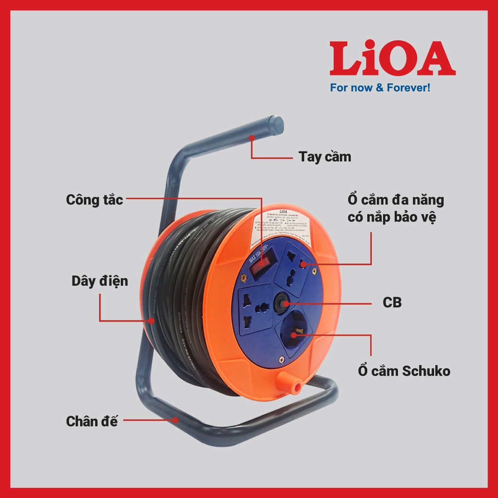 [CHÍNH HÃNG] Ổ cắm kéo dài quay tay kiểu Rulo LiOA phổ thông dài 20m QN20-2-10A và QN20-2-15A đa năng có nắp che an toàn