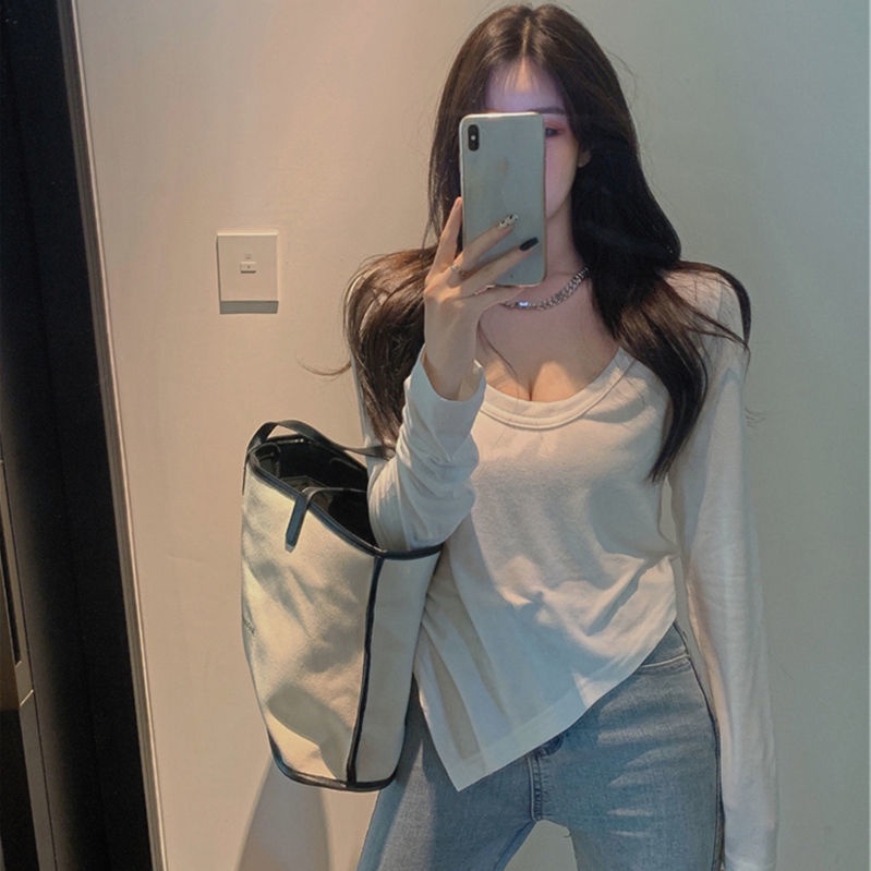 Áo thun COZOK cổ chữ U xẻ tà phong cách Hàn Quốc quyến rũ