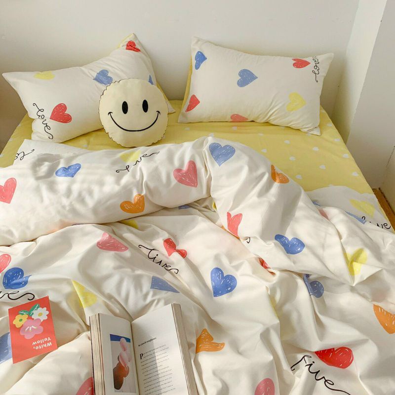 Bộ chăn ga gối Cotton Poly Tim Vàng. Chăn ga phong cách Hàn quốc