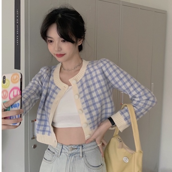 Áo Cardigan Dệt Kim Tay Dài Cổ Tròn Dáng Rộng Kẻ Sọc Kiểu Hàn Quốc Cho Nữ