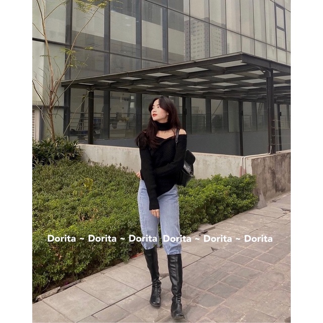 (Ảnh thật) Áo len đũa vạt chéo kèm cổ lọ rời - Dorita Boutique