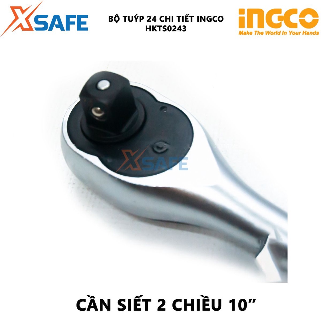Bộ 24 đầu tuýp INGCO HKTS0243 Bộ đầu tiếp gồm 1 đầu vặn, 18 đầu tuýp, 1 khớp nối, 2 thanh mở, 1 thanh trượt T, 1 tay cầm
