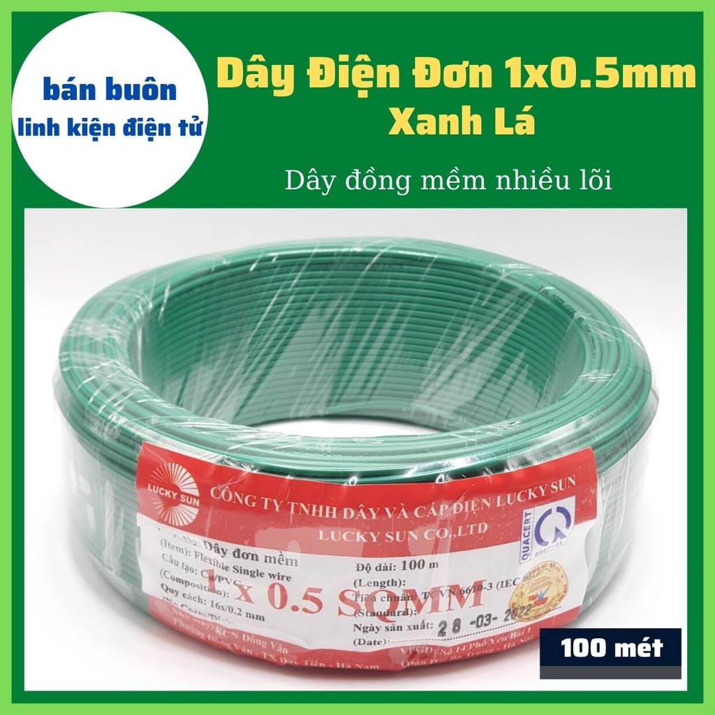 [100 mét] Dây điện đơn 1x0.5mm màu xanh lá, dây điện mềm nhiều lõi, dây điện 0.mm [100% Đồng]