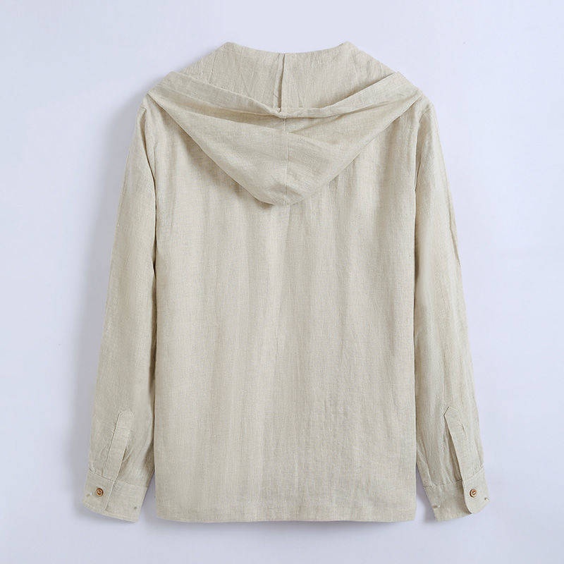 Áo Sơ Mi cotton Lanh Mỏng Dáng Rộng Có Mũ Trùm Màu Trơn Xuân Hè Cho Nam
