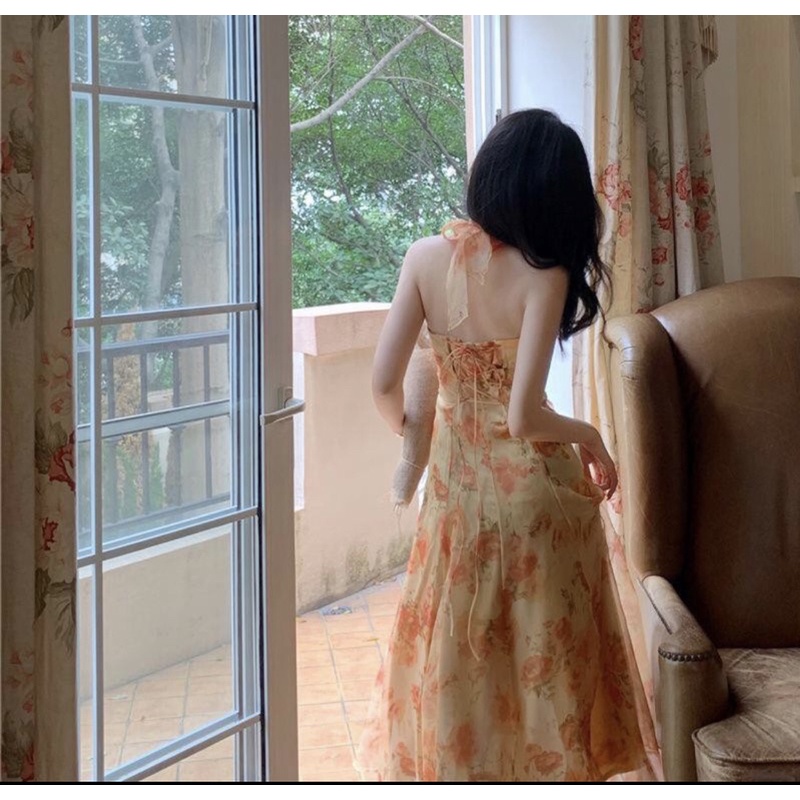 Váy/đầm voan hoa cổ yếm maxi đan dây lưng ngọt ngào, quyến rũ