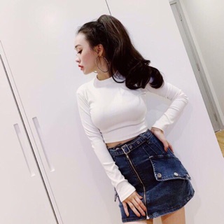 Áo thun tay dài croptop chất thun gân dày mịn_Kèm hình thật