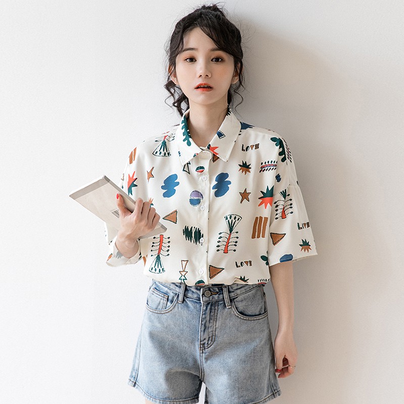 Áo Sơ Mi Voan Tay Ngắn Họa Tiết Hoa Cổ Điển Thời Trang Dễ Thương Cho Nữ