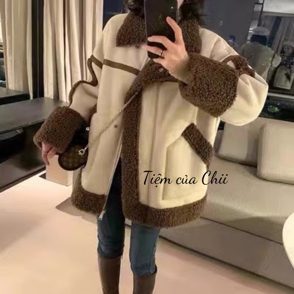 Áo Khoác Nữ Phối Lông Cừu Cổ V Phong Cách Hàn Quốc TCC014