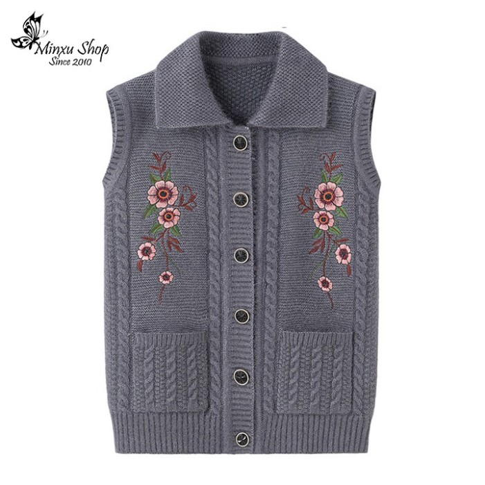 Áo gile len cổ bẻ sang trong , áo len trung niên họa tiết hoa thêu tặng bà tặng mẹ (Mã GX)