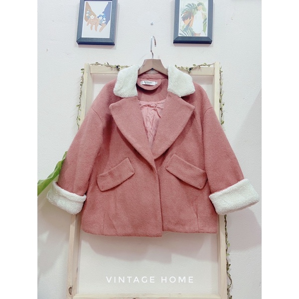 {Ảnh thật/hàng sẵn}/áo dạ nữ dáng ngắn, khoác dạ lông thỏ,cổ vest phối lôgn cừu hàng loại 1