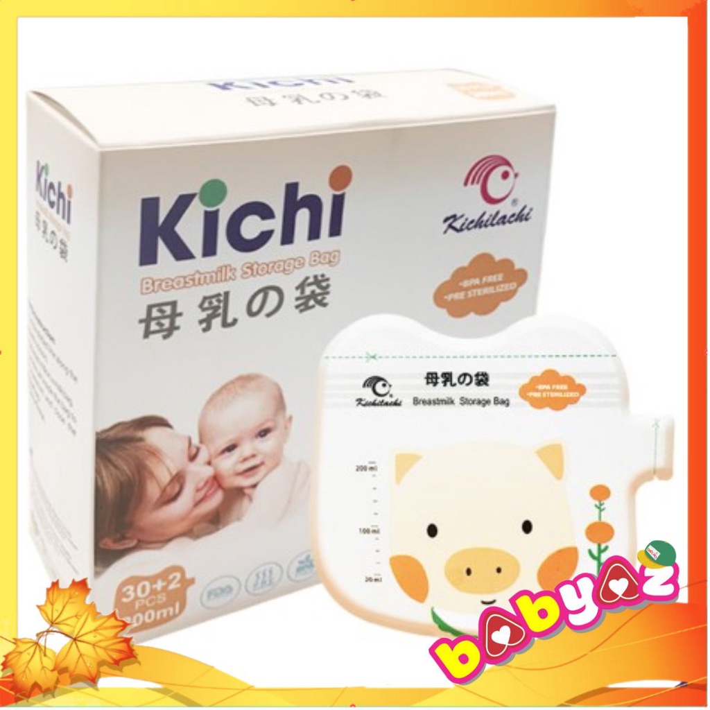 Túi Trữ Sữa KICHI 200ml, 30+2/hộp, Không BPA>2 khóa Zipper, Có Vòi