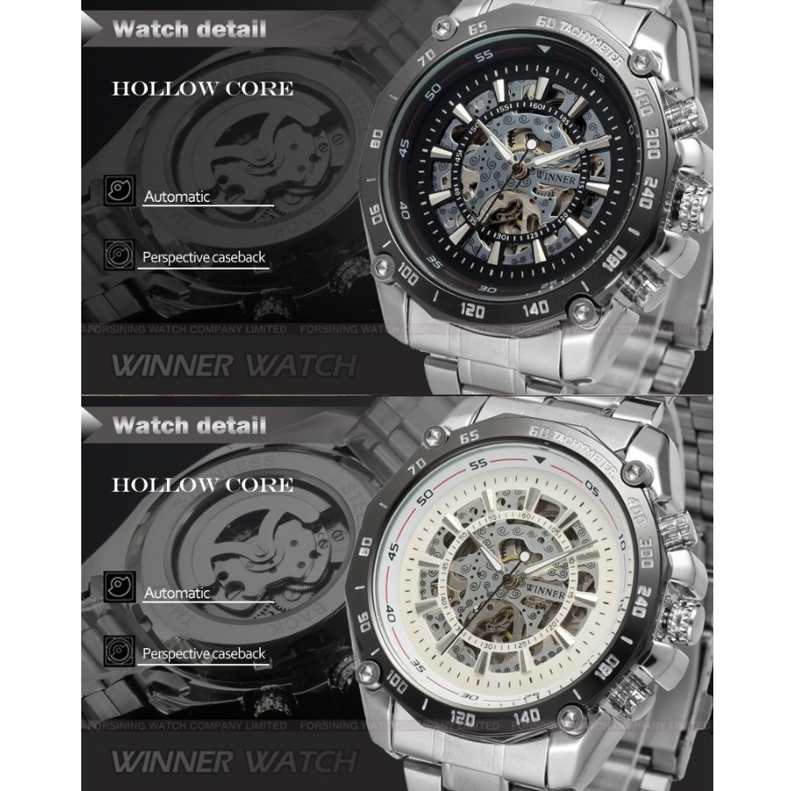 Đồng hồ nam Winner TM427 cơ lộ máy dây thép không gỉ