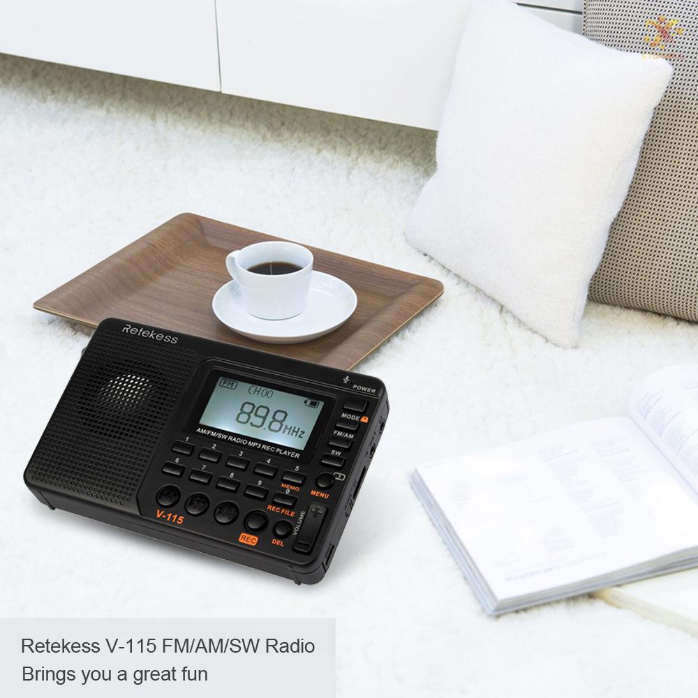 ET Retekess V-115 FM/AM/SW Radio Multiband Radio Receiver REC Recorder Bass Sound MP3 Player Speakers with Sleep Timer Black