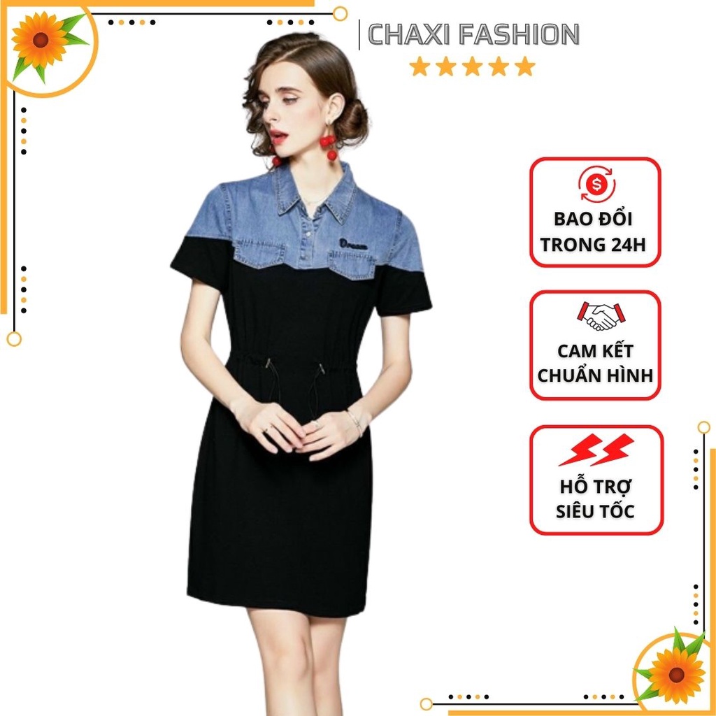 HÀNG NHẬP - ĐẦM SUÔNG JEAN PHỐI THUN EO RÚT DÂY CỔ SƠ MI CAO CẤP - KBT357415