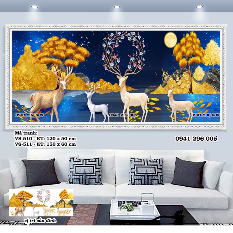 Tranh đính đá Hươu Nai Giàu Sang Phú Quý KT; 120x50cm, 150x60cm, tranh chưa gắn đá
