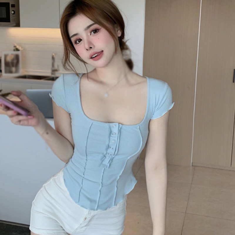 Áo thun tay ngắn cổ chữ U thiết kế mới thời trang mùa xuân hè cho nữ