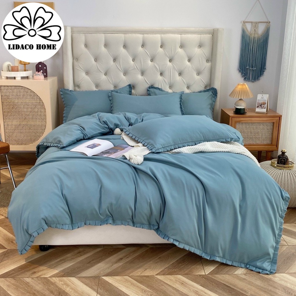 Bộ Chăn Ga Gối Cotton TICI LIDACO Bèo trơn - Xanh Dương Nhạt