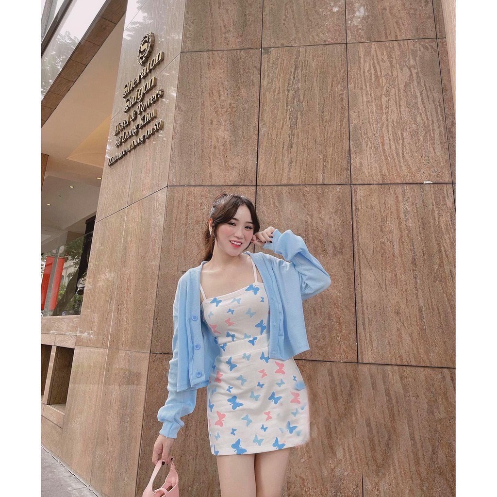 SV005 Set áo 2 dây chân váy chữ A họa tiết bướm kèm áo cardigan mỏng, bộ áo hai dây đầm kèm áo khoác dài tay nữ tính bán