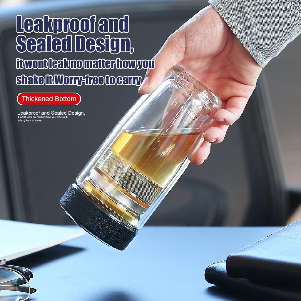 Bình Nước Thủy Tinh Hai Lớp Kèm Bộ Lọc Dung Tích 380ML Dùng Trong Văn Phòng / Ngoài Trời Cho Nam