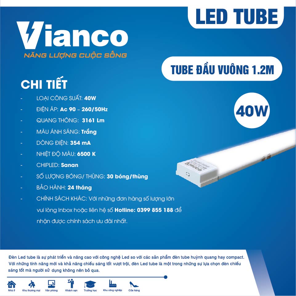 Đèn Led Tube Đầu Vuông VIANCO Làm Từ Nhựa Mica, Thiết Kế Liền Máng Cho Ánh Sáng Rộng