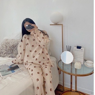 Bộ Đồ Ngủ Nữ Pijama mặc Nhà Thu Đông Áo Dài Quần Dài Cổ Tròn Bèo Chất Vải Đũi Xốp Hàn, Đồ Bộ Nữ Mặc Nhà