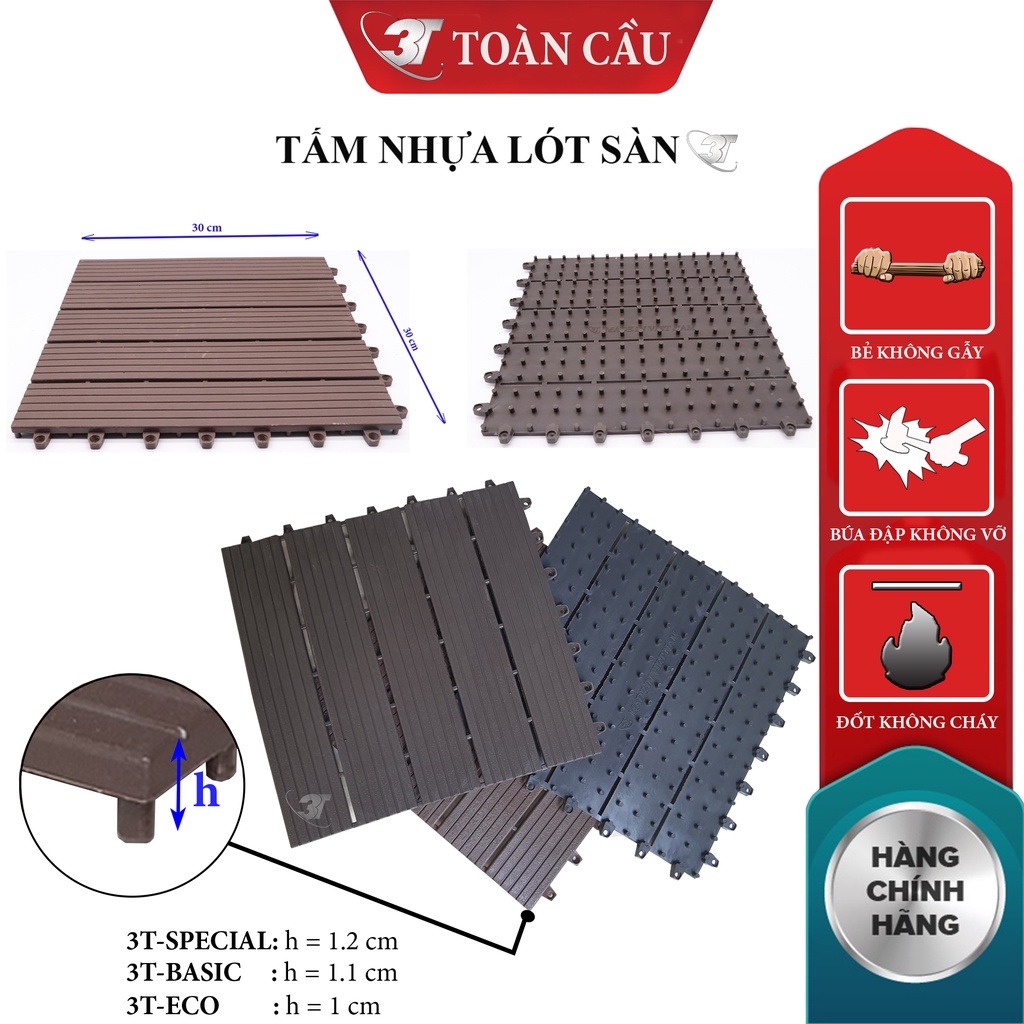 Tấm Nhựa Lót Sàn Ban Công 3T-HDPE 30x30x2cm - Chống Trơn Trượt Ban Công, Sân Vườn, Sân Thượng, Nhà Vệ Sinh