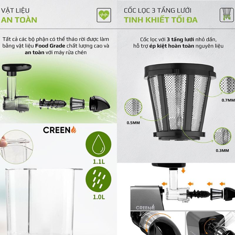 Máy ép trái cây chậm Creen CRJ-250 Máy ép trục ngang ép trái cây - Gia dụng Creen
